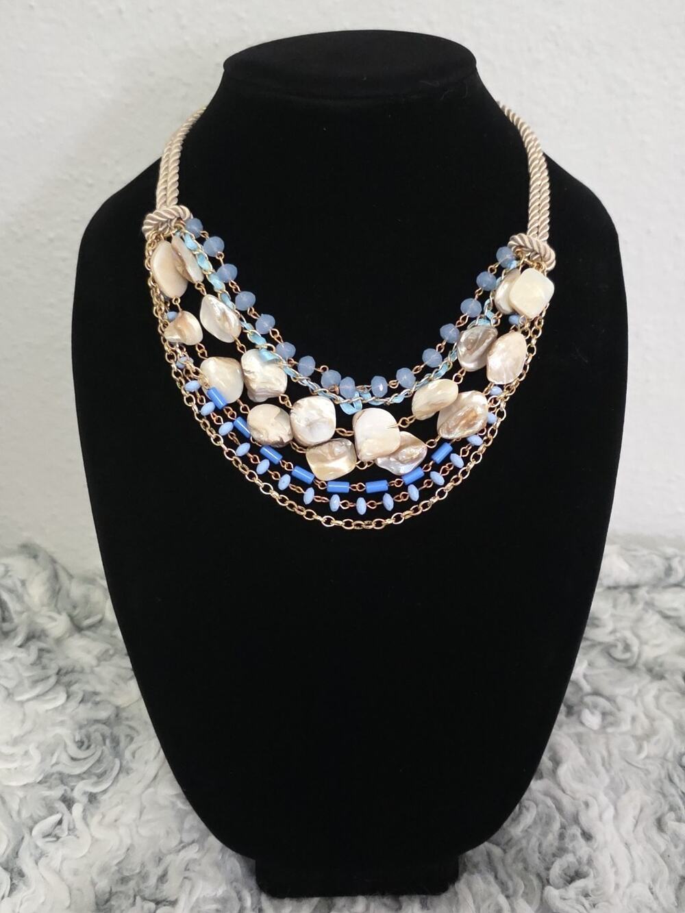 Multistrand Statement Bib Style Necklace Shades Of Blue Mother Of Pearl Pieces
